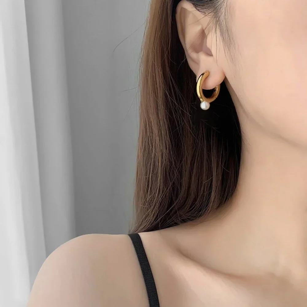 #NEW 925 Sterling Silver Pearl Drop Round Hoop Earrings